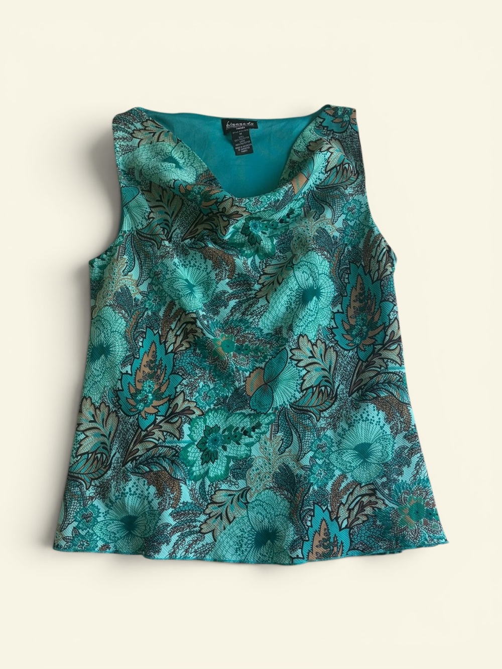 Vintage Y2K BIYAYCDA Teal Floral Cowl Neck Tank Top Boho Career M Whimsy Fairy